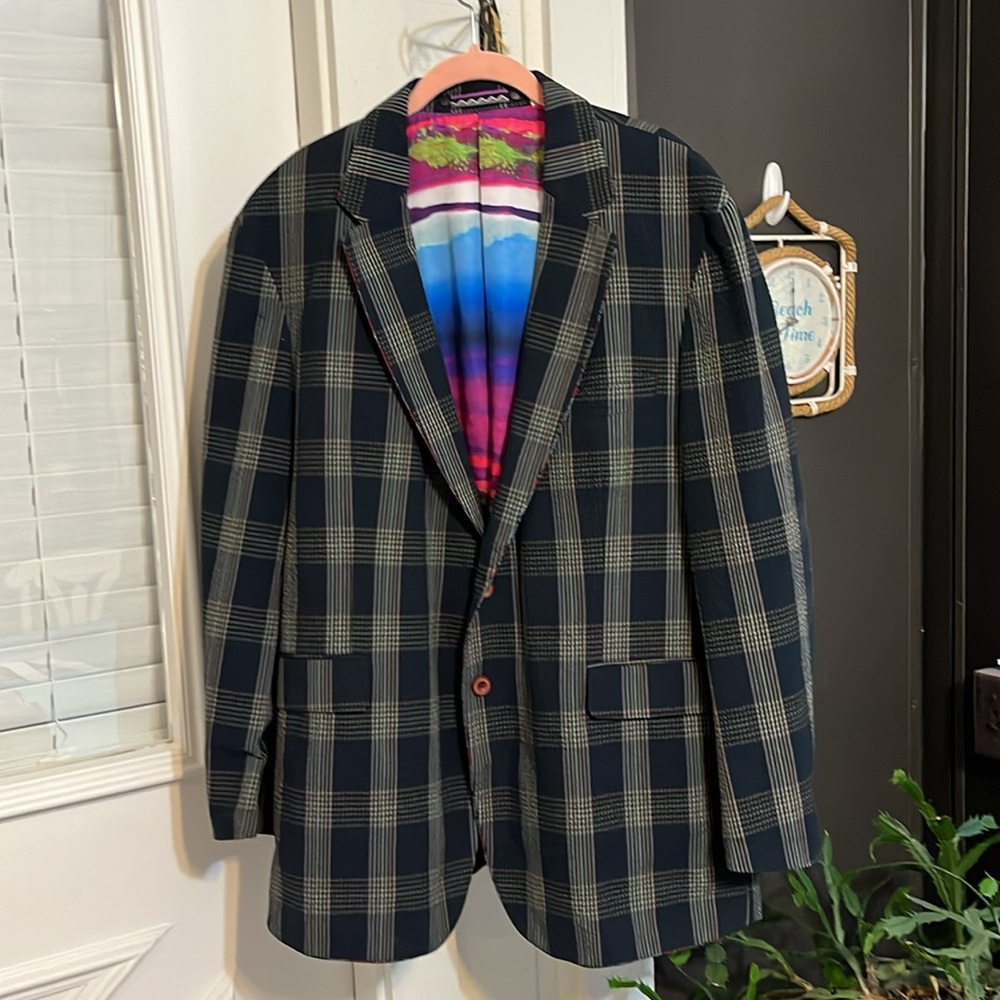 Robert Graham Men, Size 48, Seersucker Blazer / Jacket Blue Plaid.